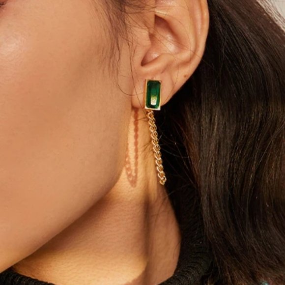New 18K Gold Plated Green Crystal Chain Earrings - Picture 2 of 6